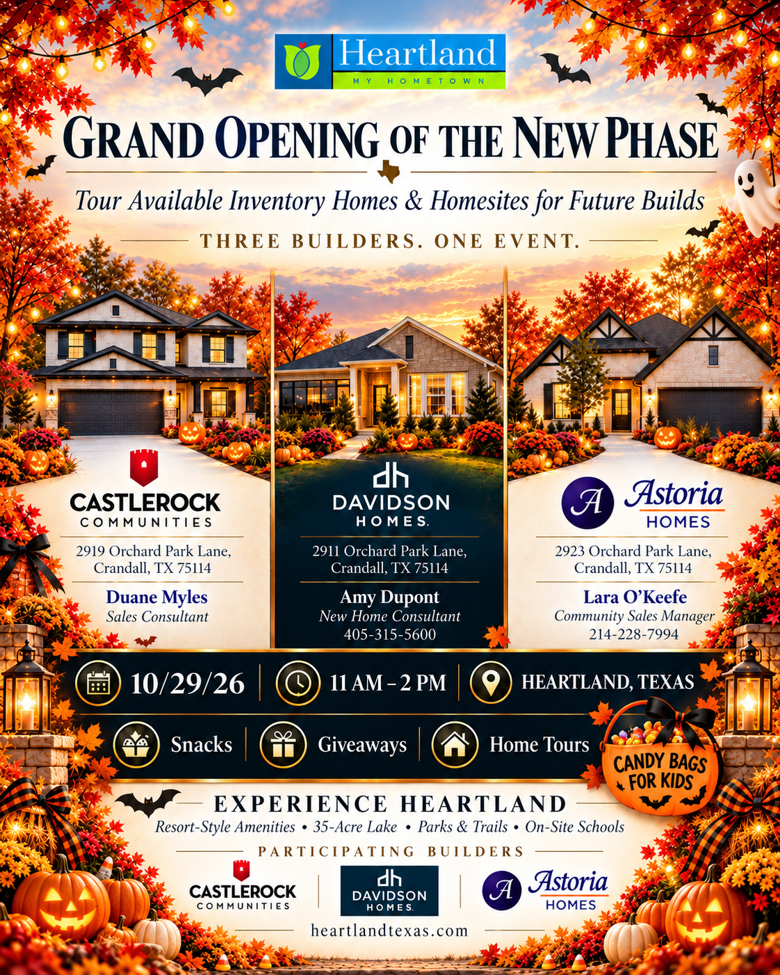 Heartland new phase grand opening. Three builders, one event: CastleRock Communities, Davidson Homes and Astoria Homes. Thursday, October 29, 2026, 11 AM to 2 PM. Tour available inventory homes and homesites. Snacks, giveaways and home tours. No RSVP required.