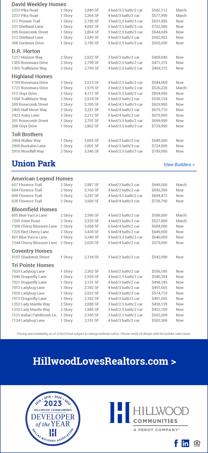 Builder Guides DFW Hillwood Communities