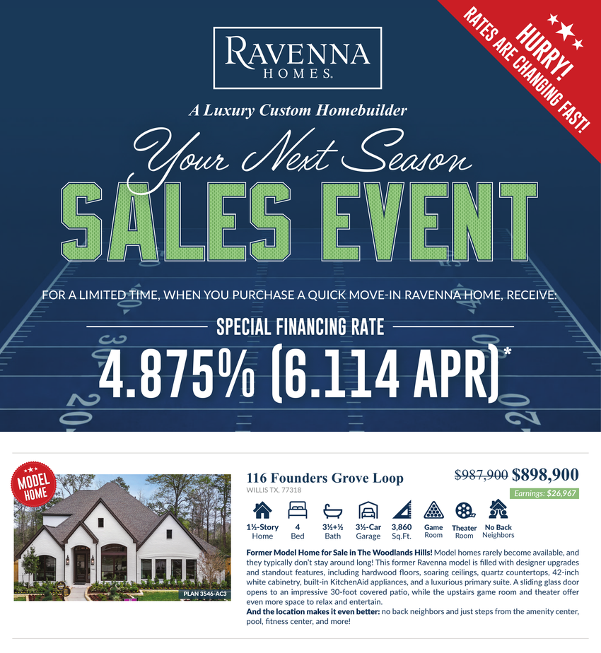 Ravenna Homes Your Next Season Sales Event: special financing rate 4.875% (6.114% APR) and 116 Founders Grove Loop spotlight home.